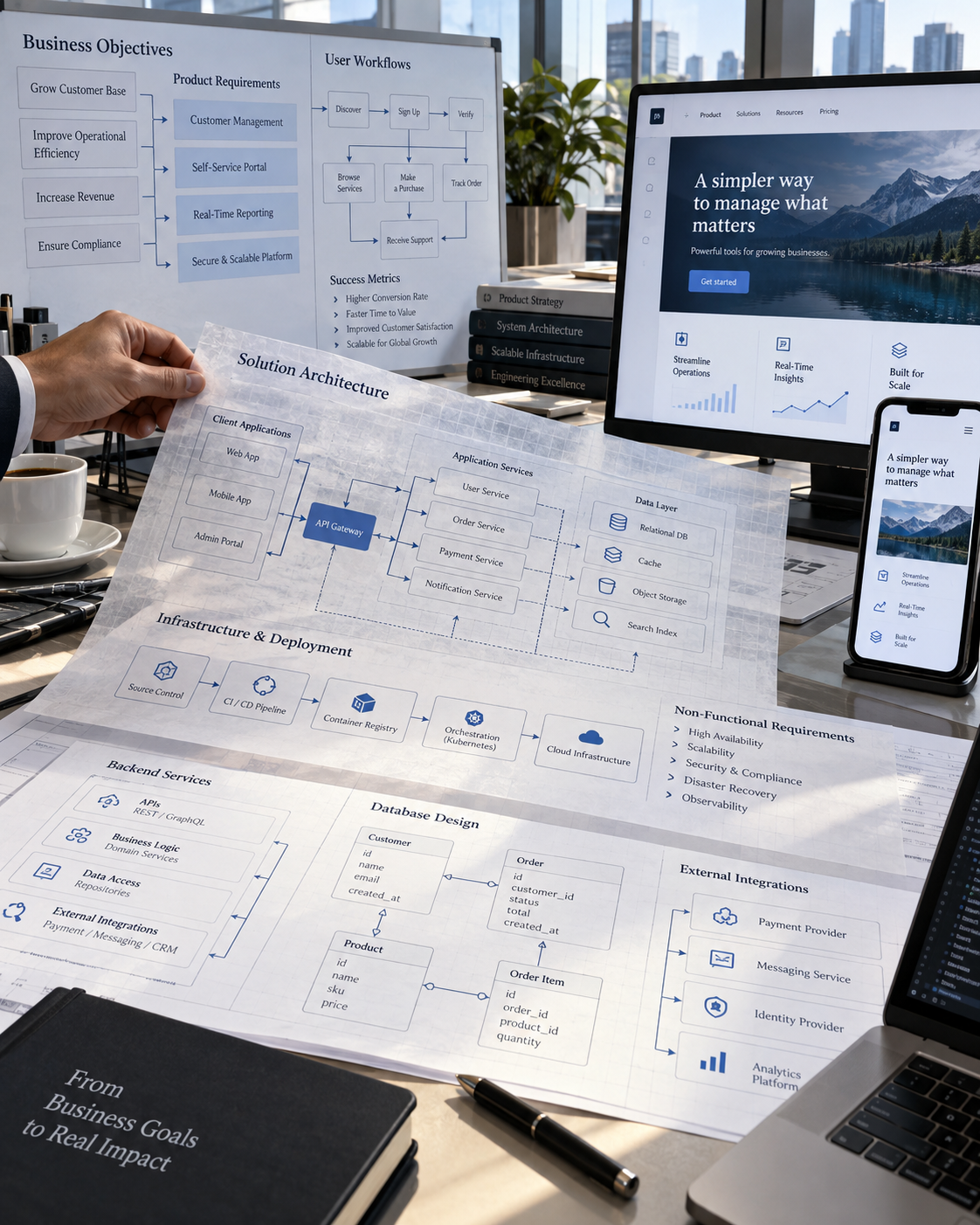Software architecture plans with a website and phone app on screen
