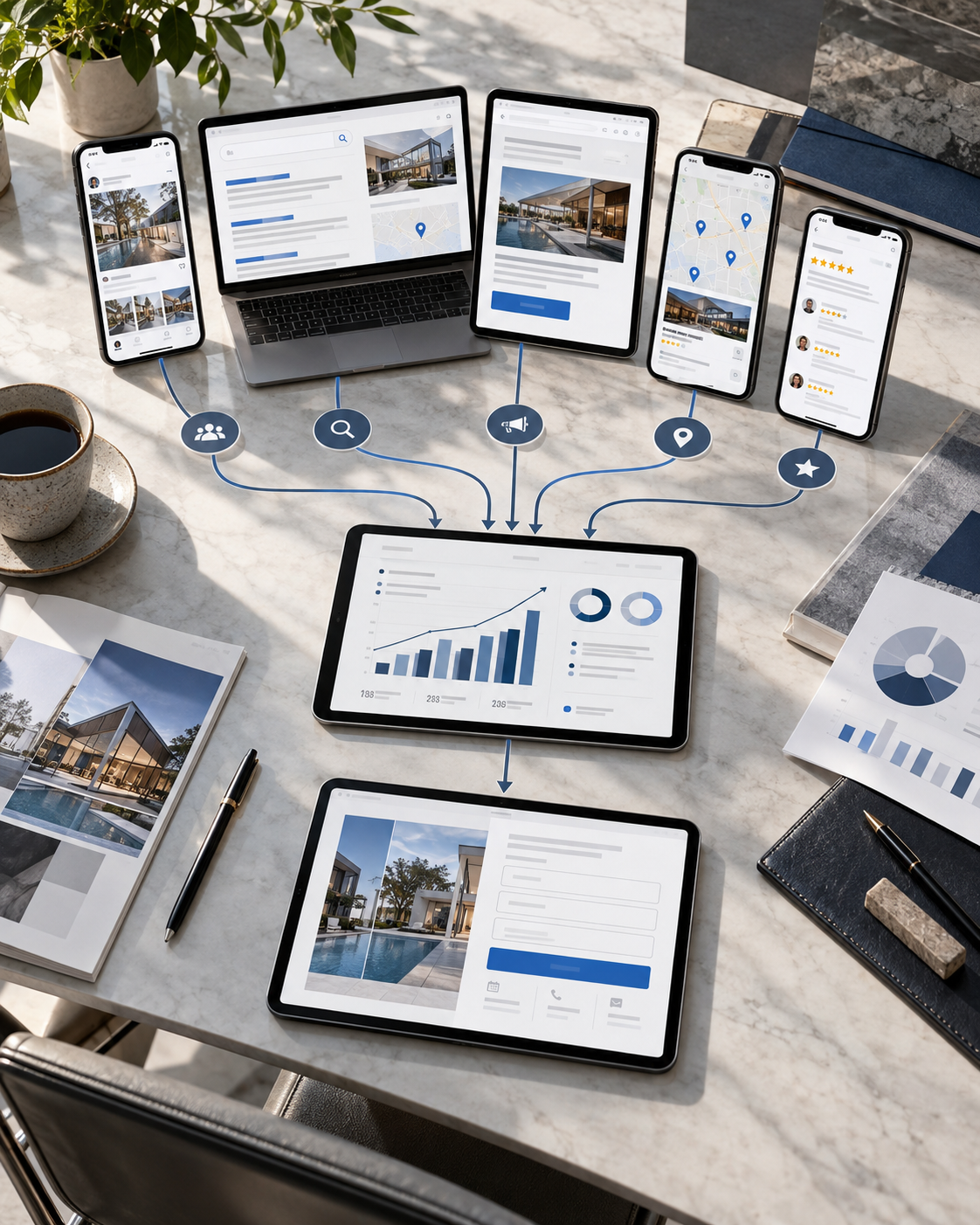 Marketing campaign content shown on phones, tablets and a laptop