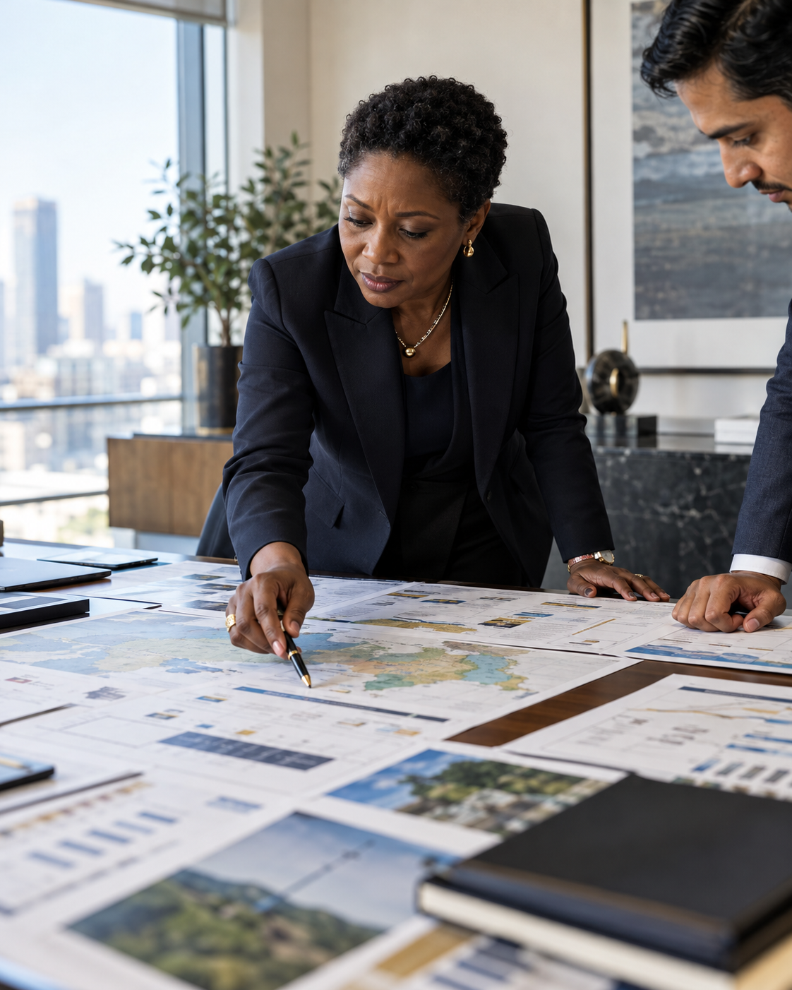 Consultant reviewing plans and documents with a colleague