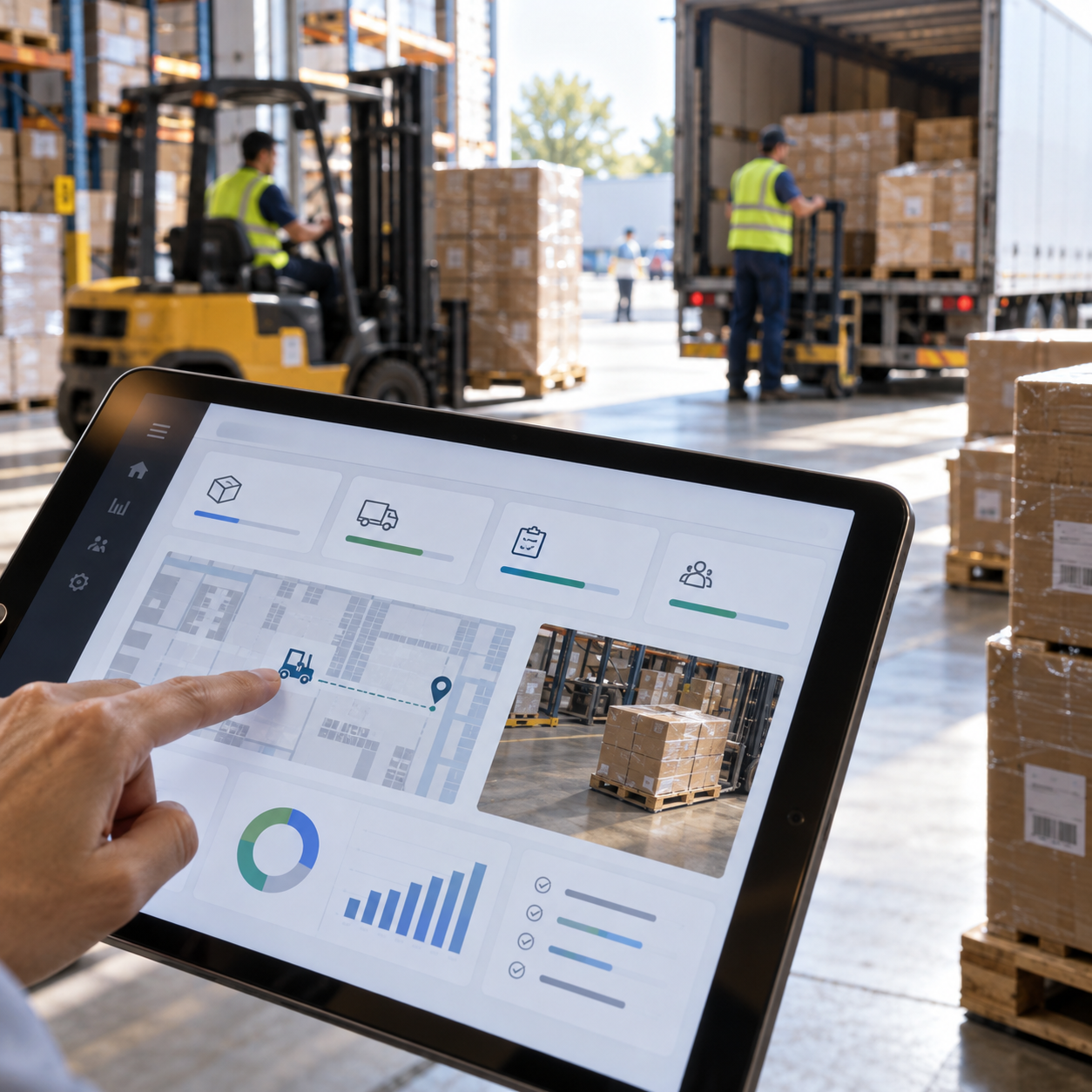 Tablet showing a logistics app in a warehouse