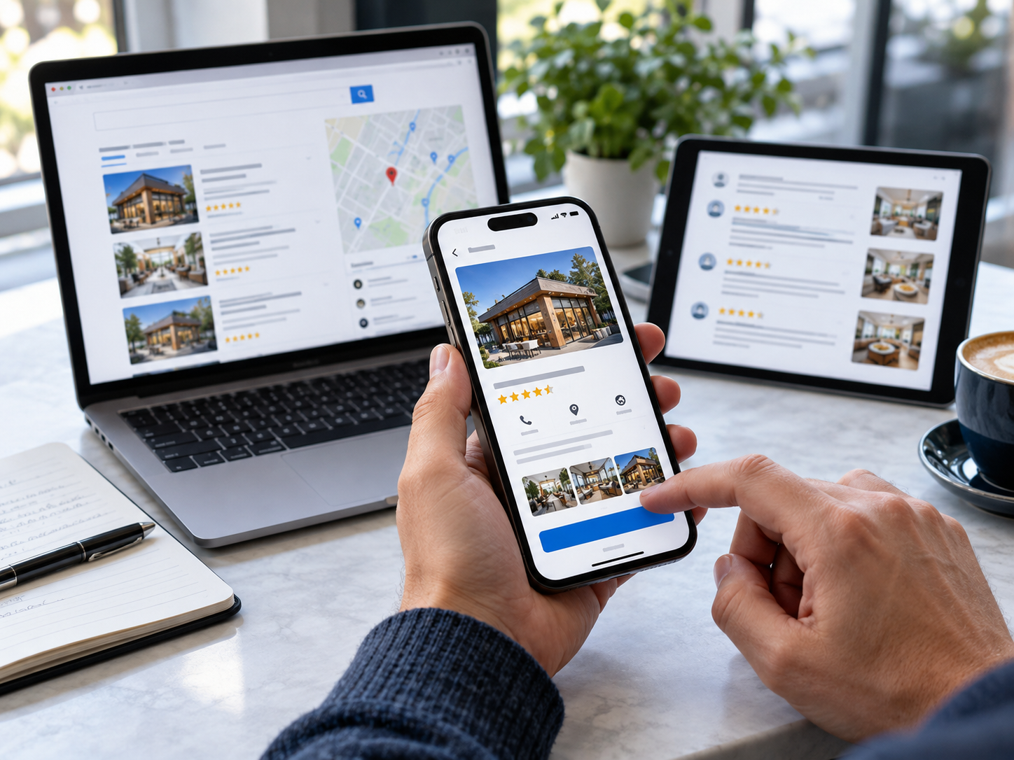 Business listing and map shown on a phone and laptop