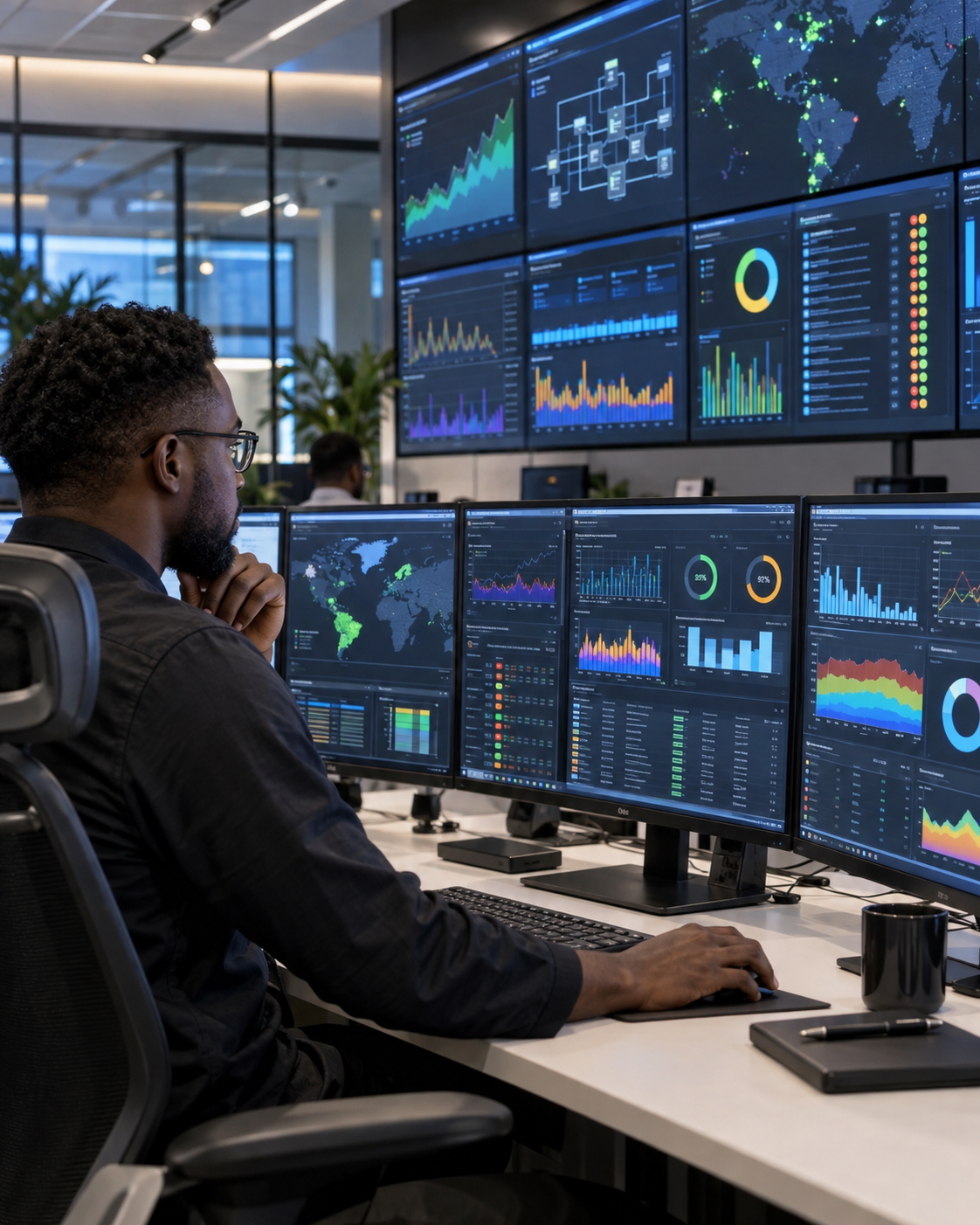 Engineer monitoring system dashboards on multiple screens