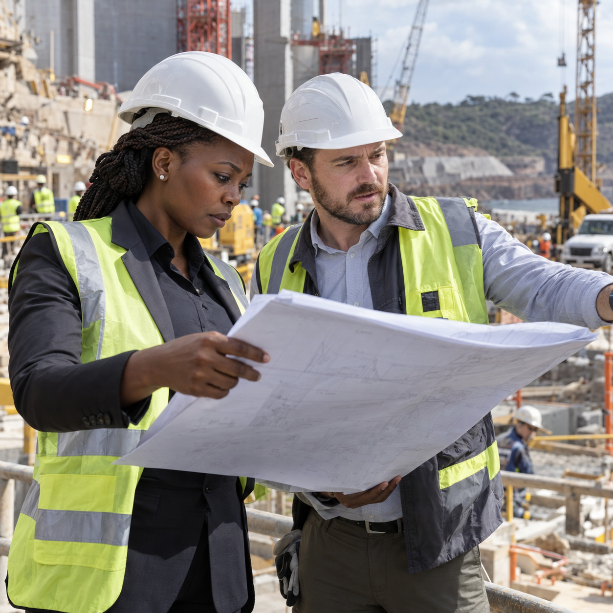 Two engineers in hard hats reviewing drawings on a construction site