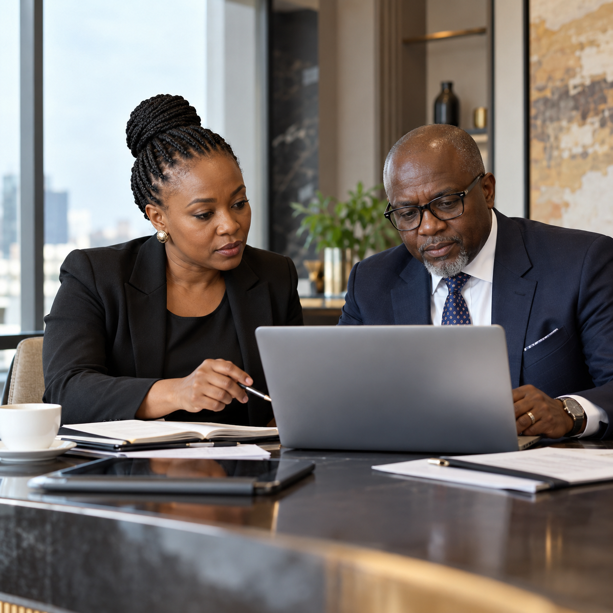 Two professionals reviewing work on a laptop in an office