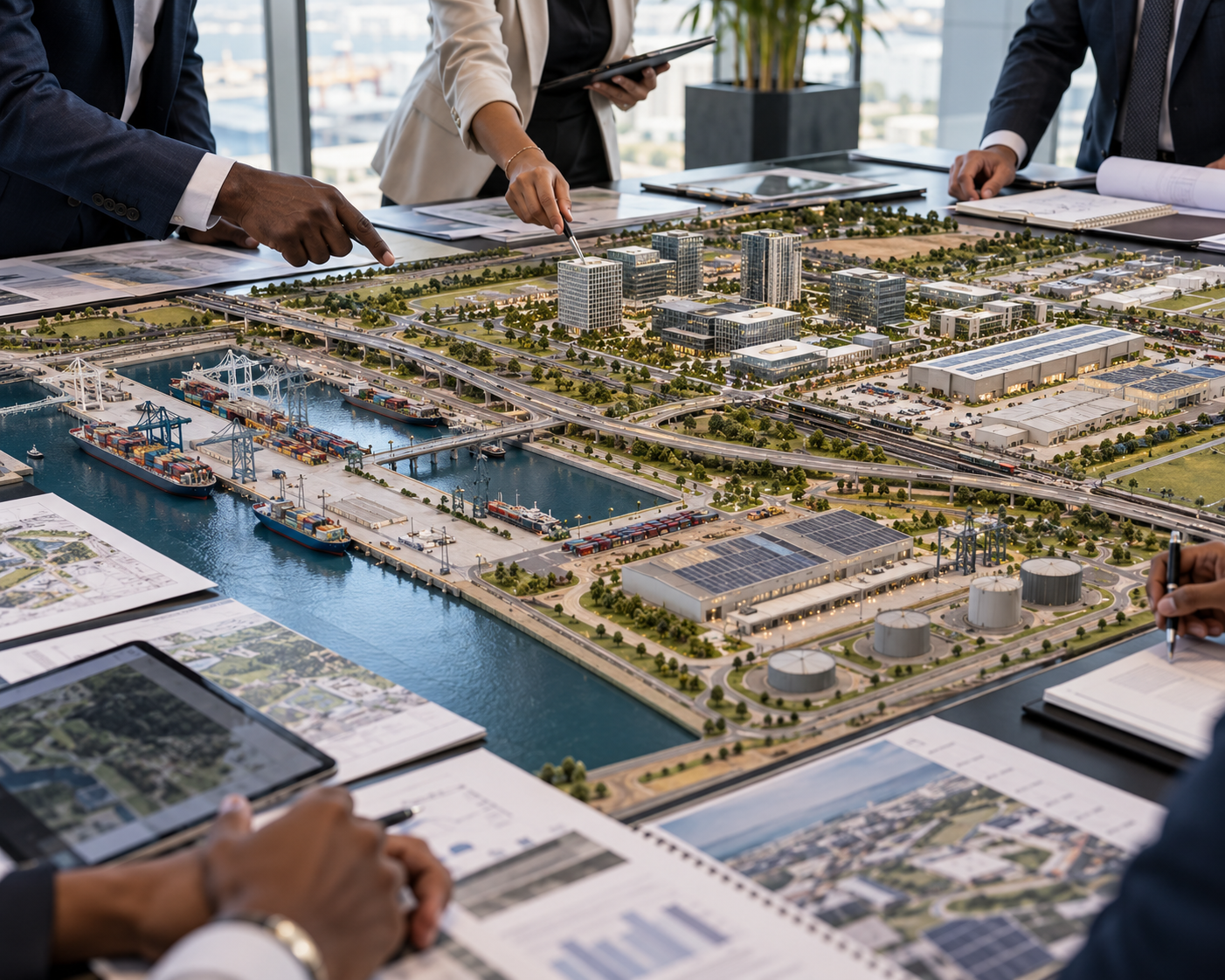 Three professionals reviewing waterfront project plans at a table