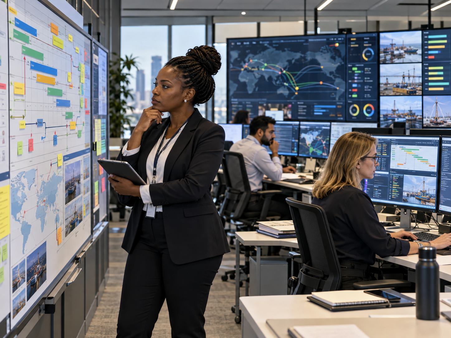 Project manager reviewing a timeline board in an office
