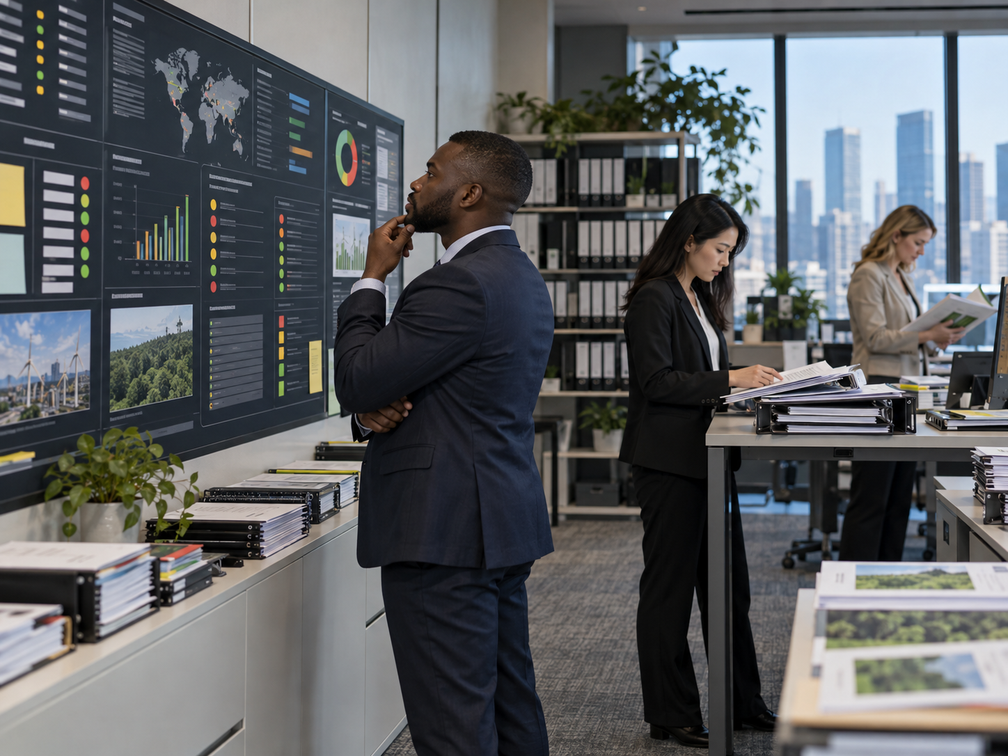 Professional reviewing performance dashboards on an office wall