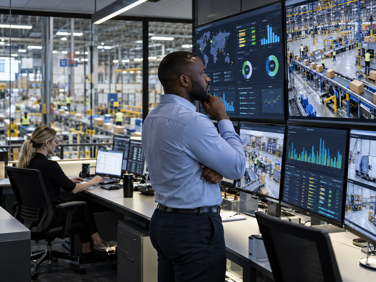 Operations manager reviewing live data dashboards in a warehouse