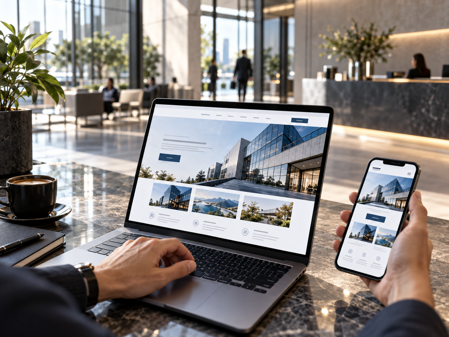 Person browsing a business website on a laptop and phone