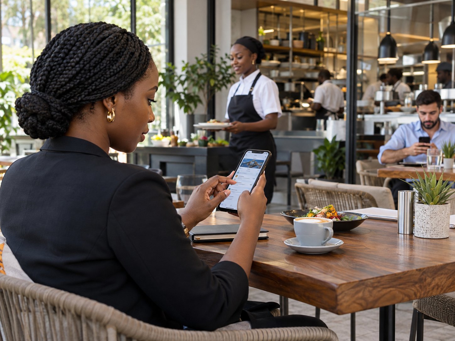 Woman using a mobile app on her phone in a café