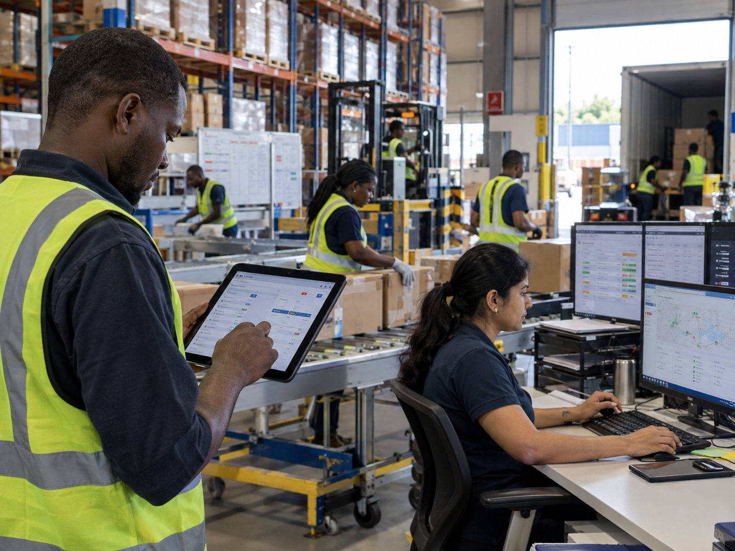 Warehouse team using custom software on a tablet and computer