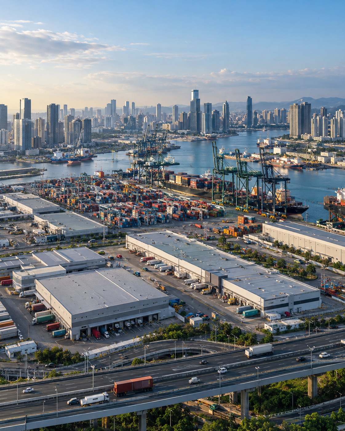 Aerial view of a city port and logistics district