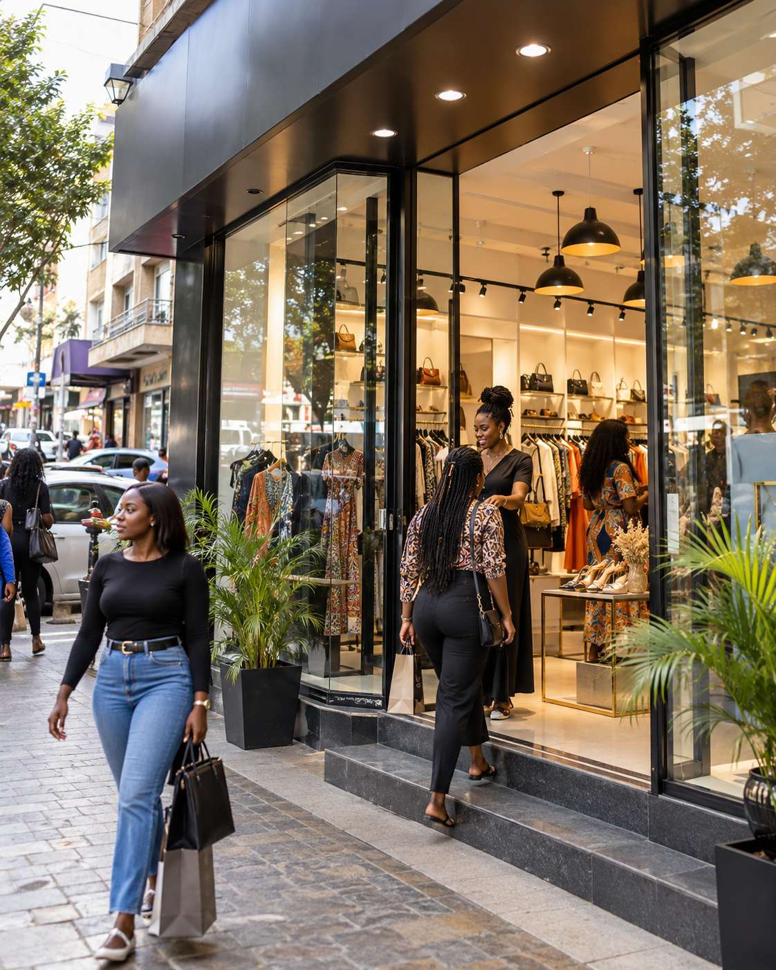 Shoppers walking into a local storefront