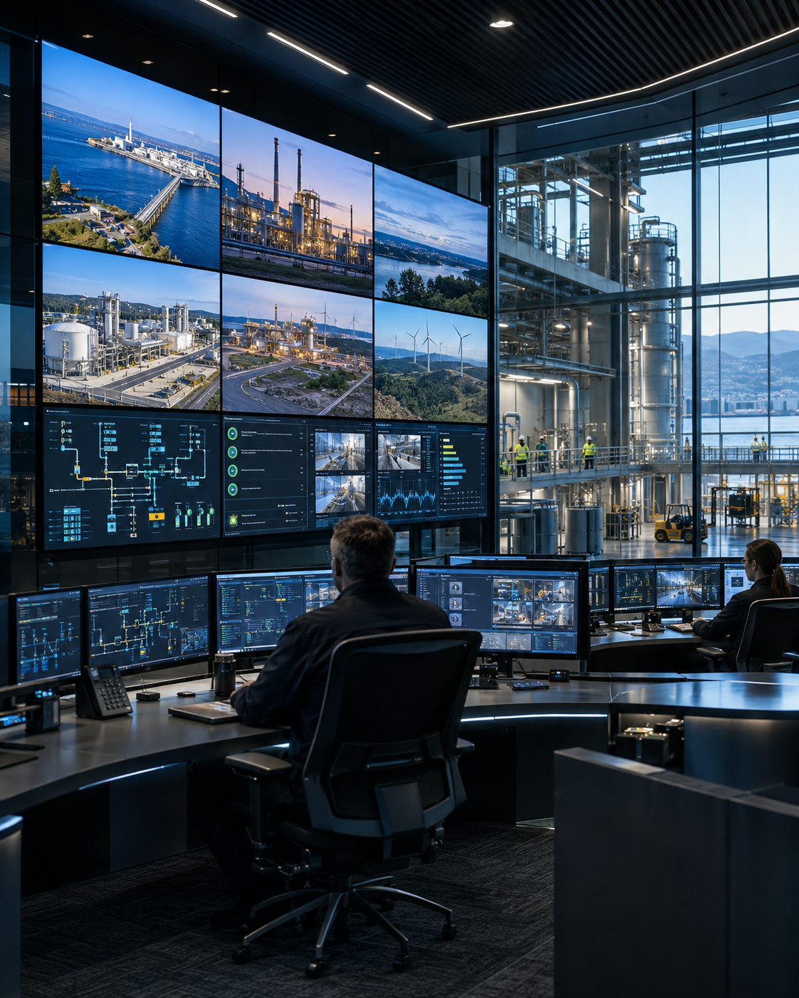 Operations control room with a large video wall of industrial sites