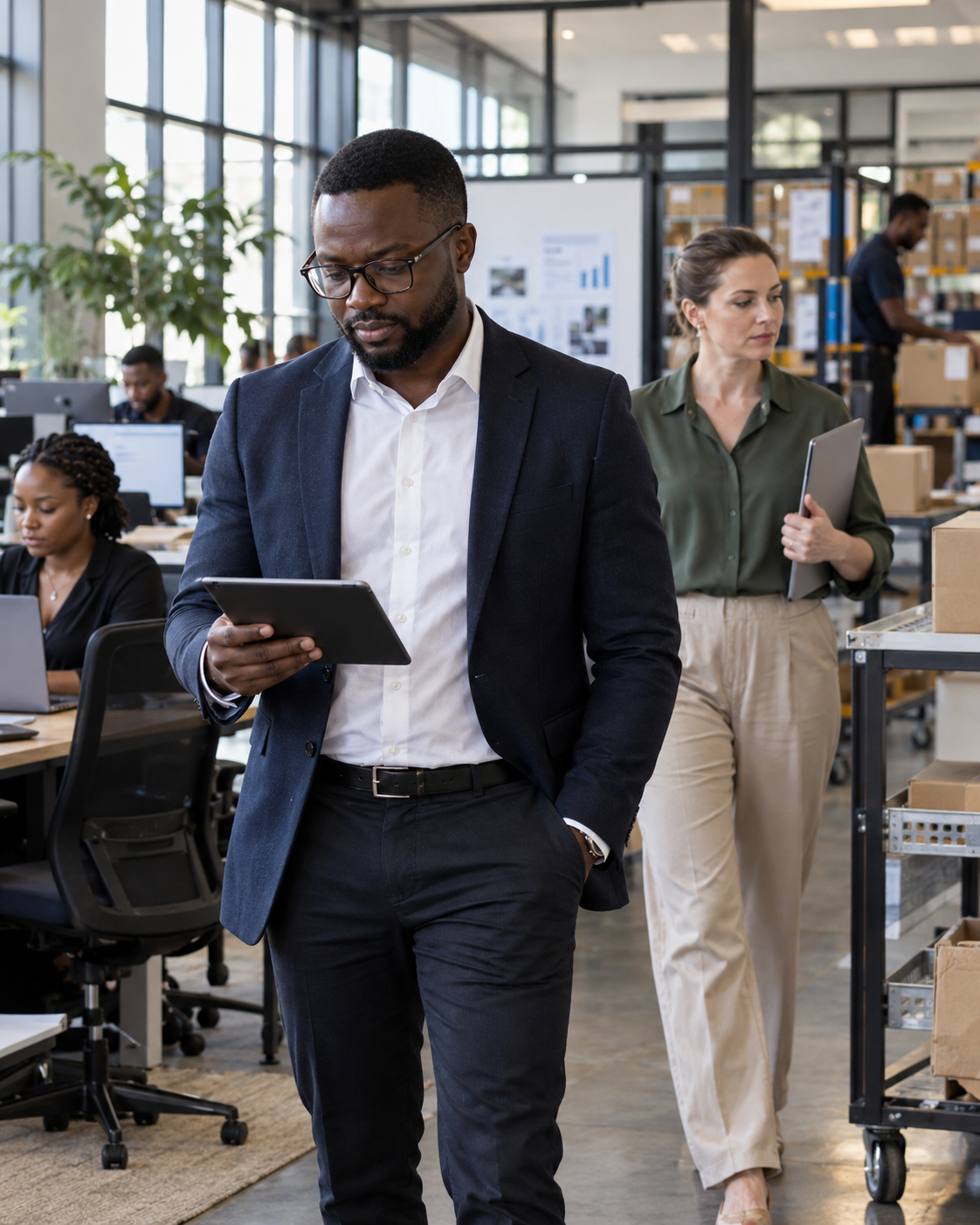 Professional walking through an office holding a tablet