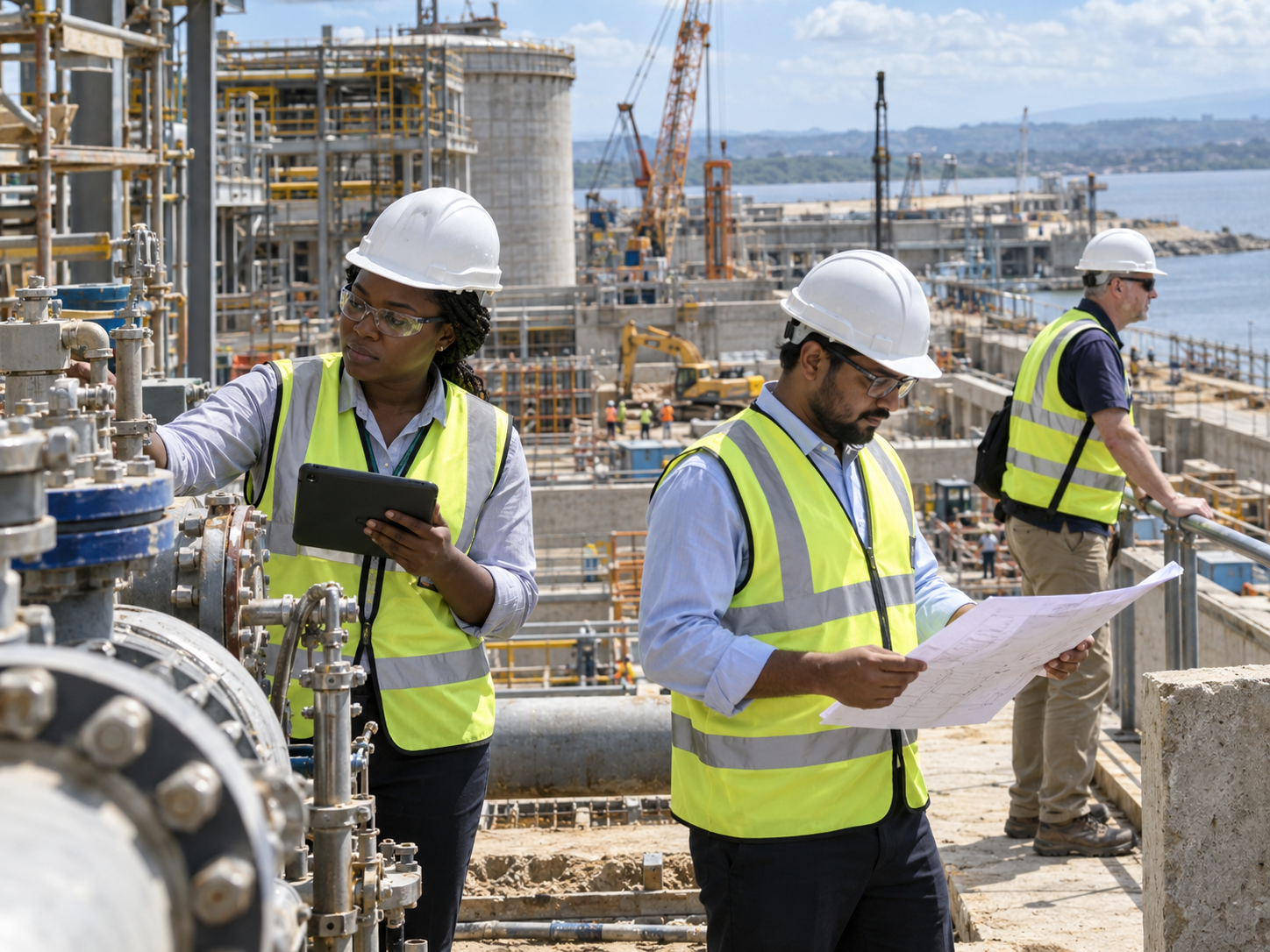 Engineer in a hard hat inspecting equipment at an industrial site
