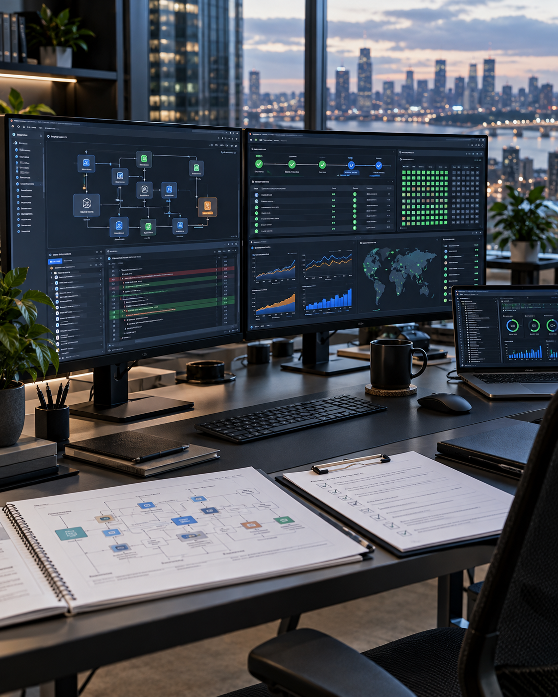 Developers working at monitors in a technology office