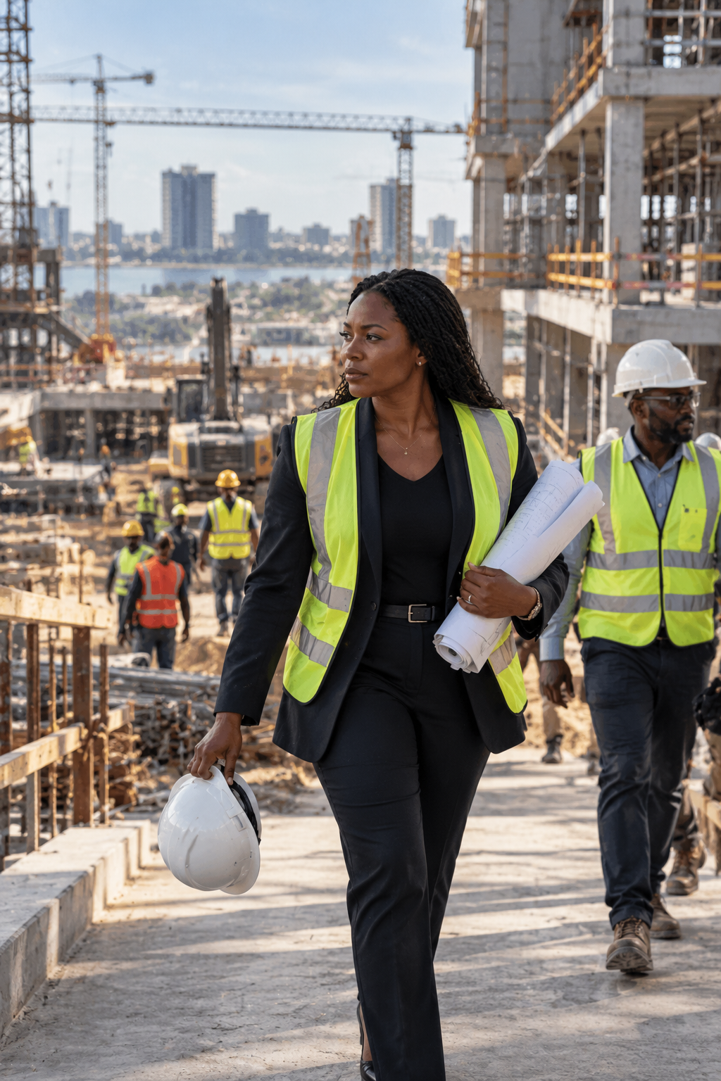 Engineers in high-visibility vests walking through a project site