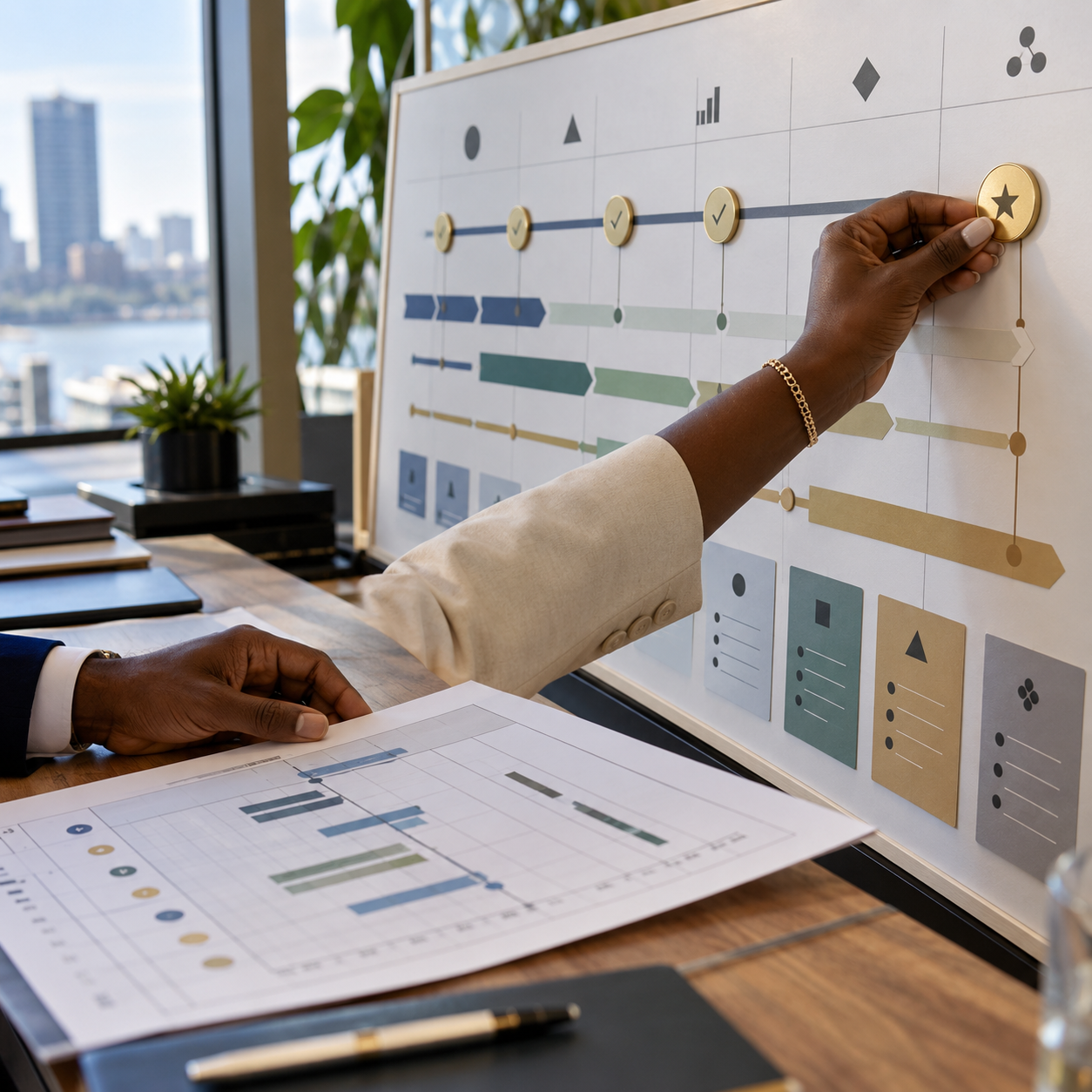 Consultant presenting project charts on a whiteboard