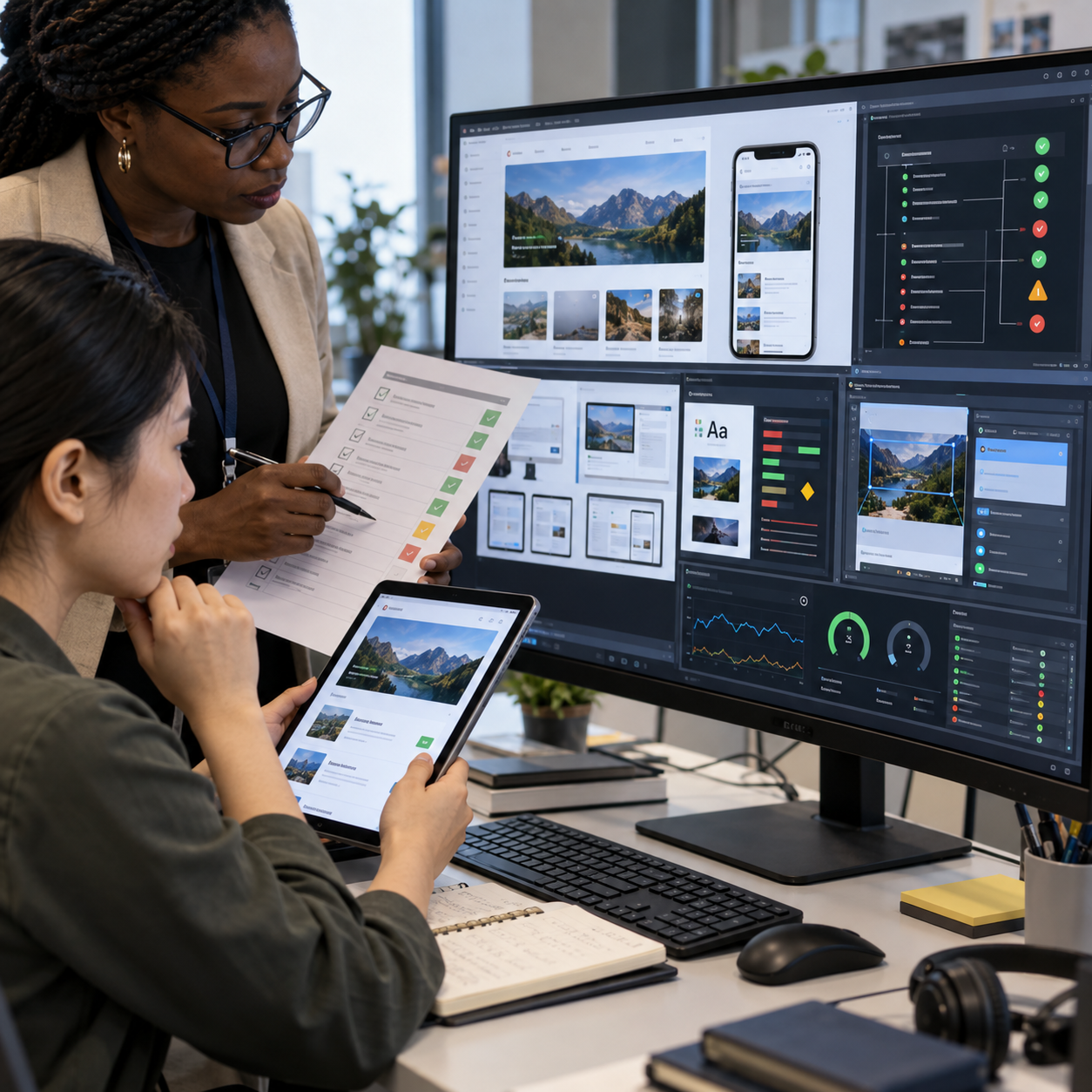 Team reviewing a software design on a monitor and tablet