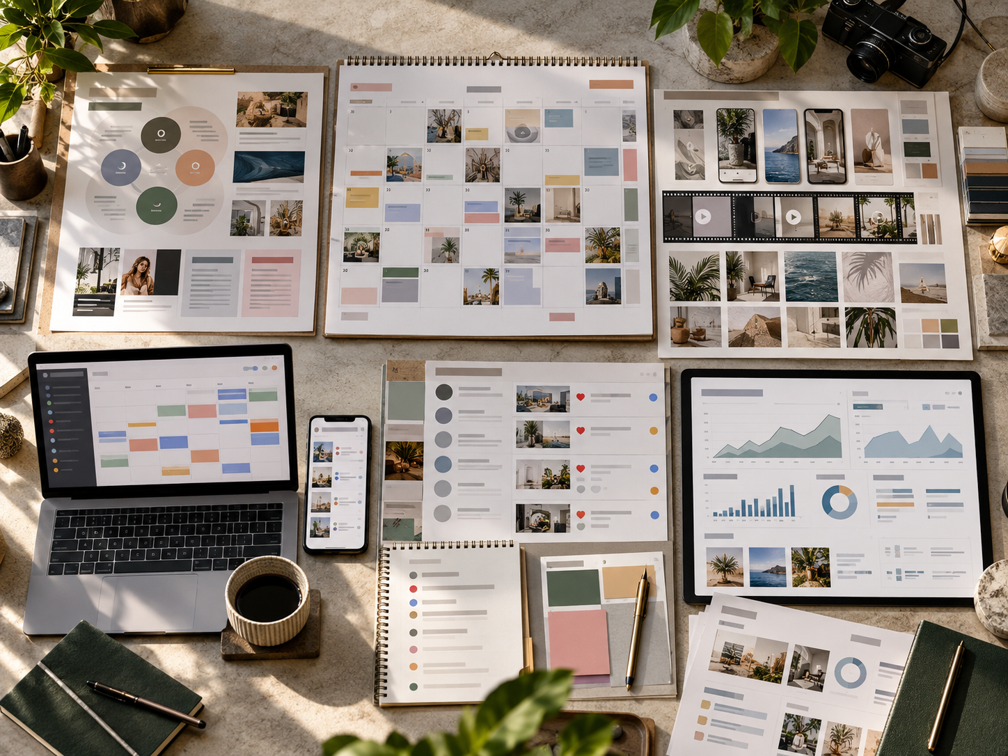 Social media content calendar, post designs and reports on a desk