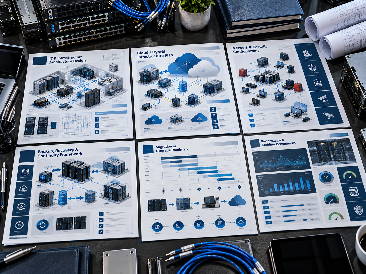 IT infrastructure plans and cloud architecture documents on a desk