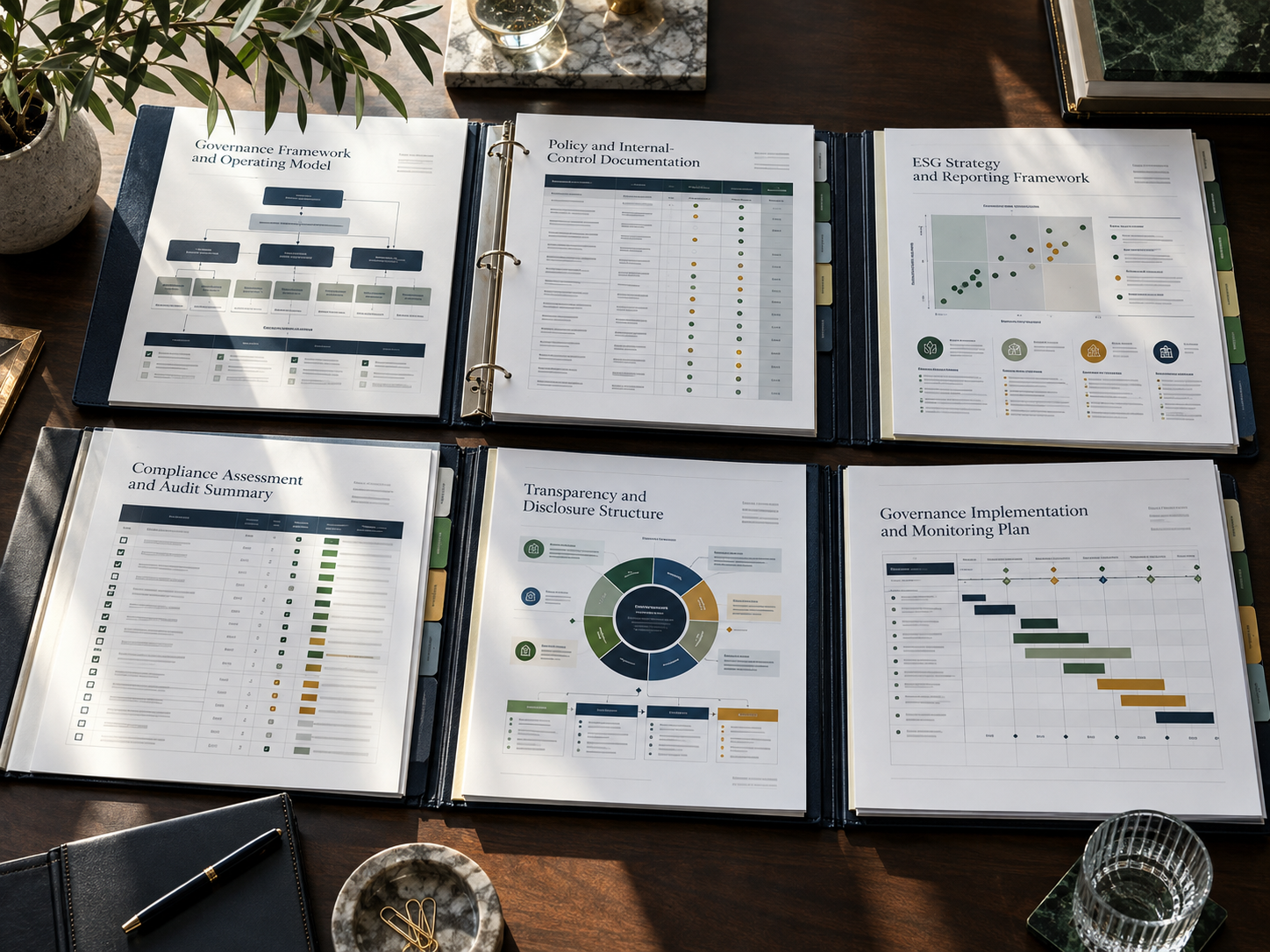 Governance and compliance reports laid out on a table