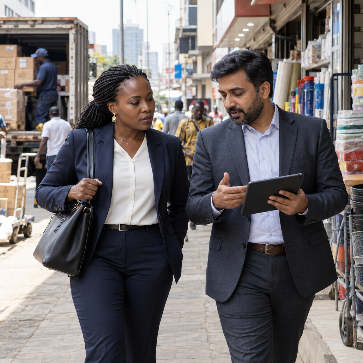 Two professionals walking through a busy market street with a tablet