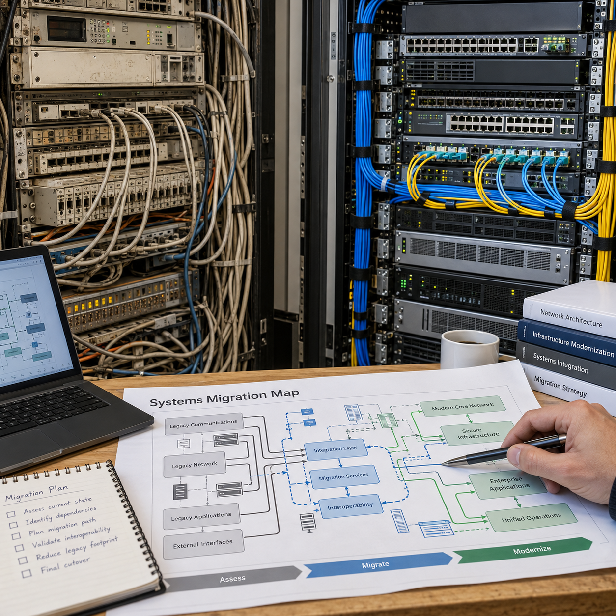 Engineer drawing a system migration plan beside network racks