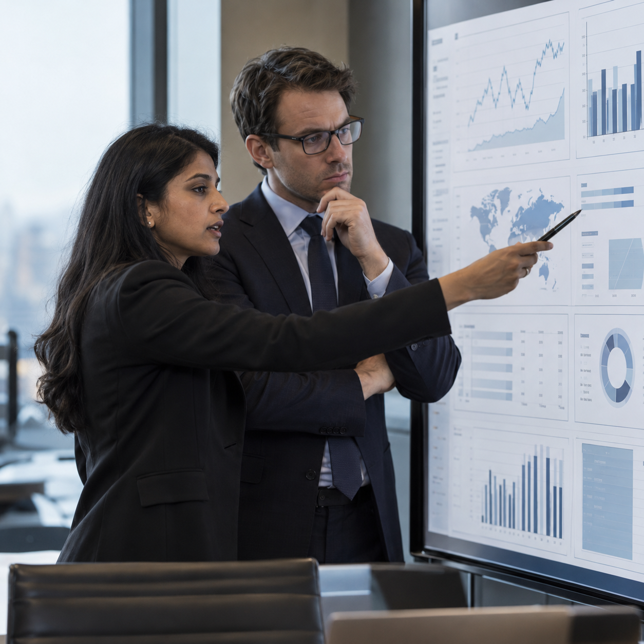 Two professionals reviewing financial charts on a large screen