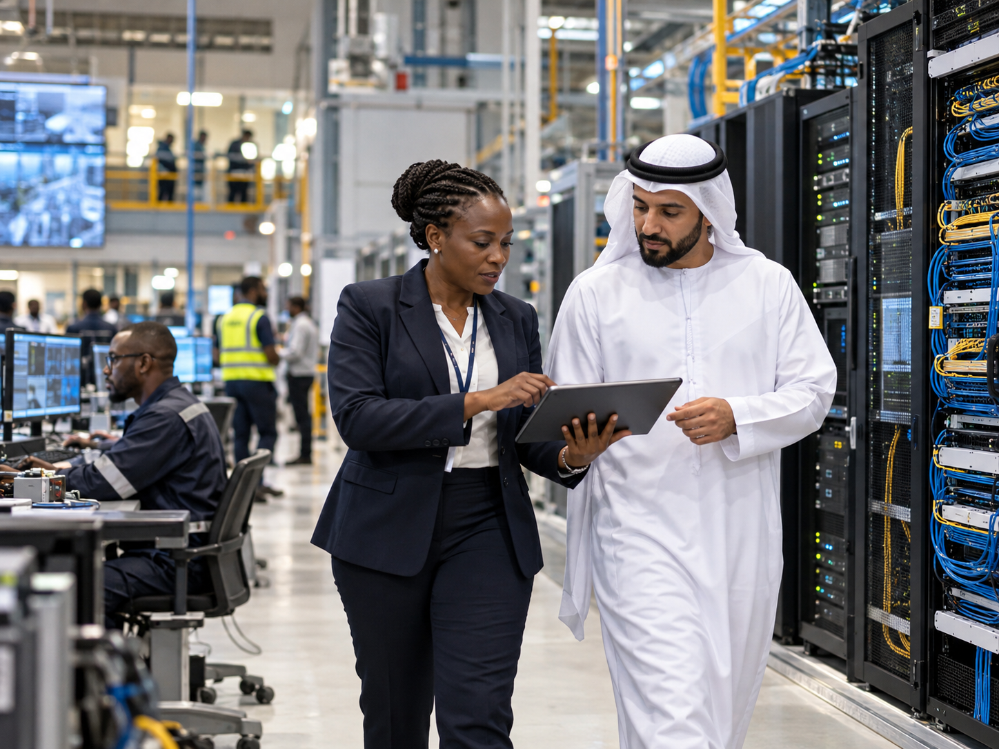 Two professionals walking through a data centre reviewing a tablet