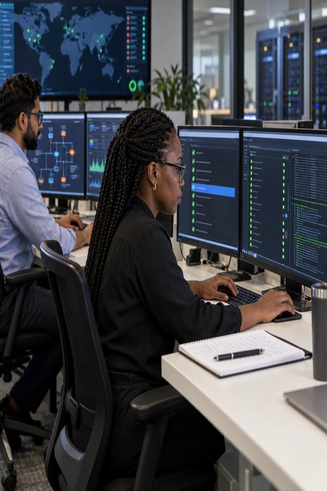Engineering workstation with system dashboards and delivery checklists