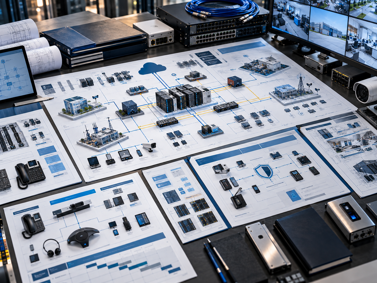 Communication and network equipment laid out with system diagrams