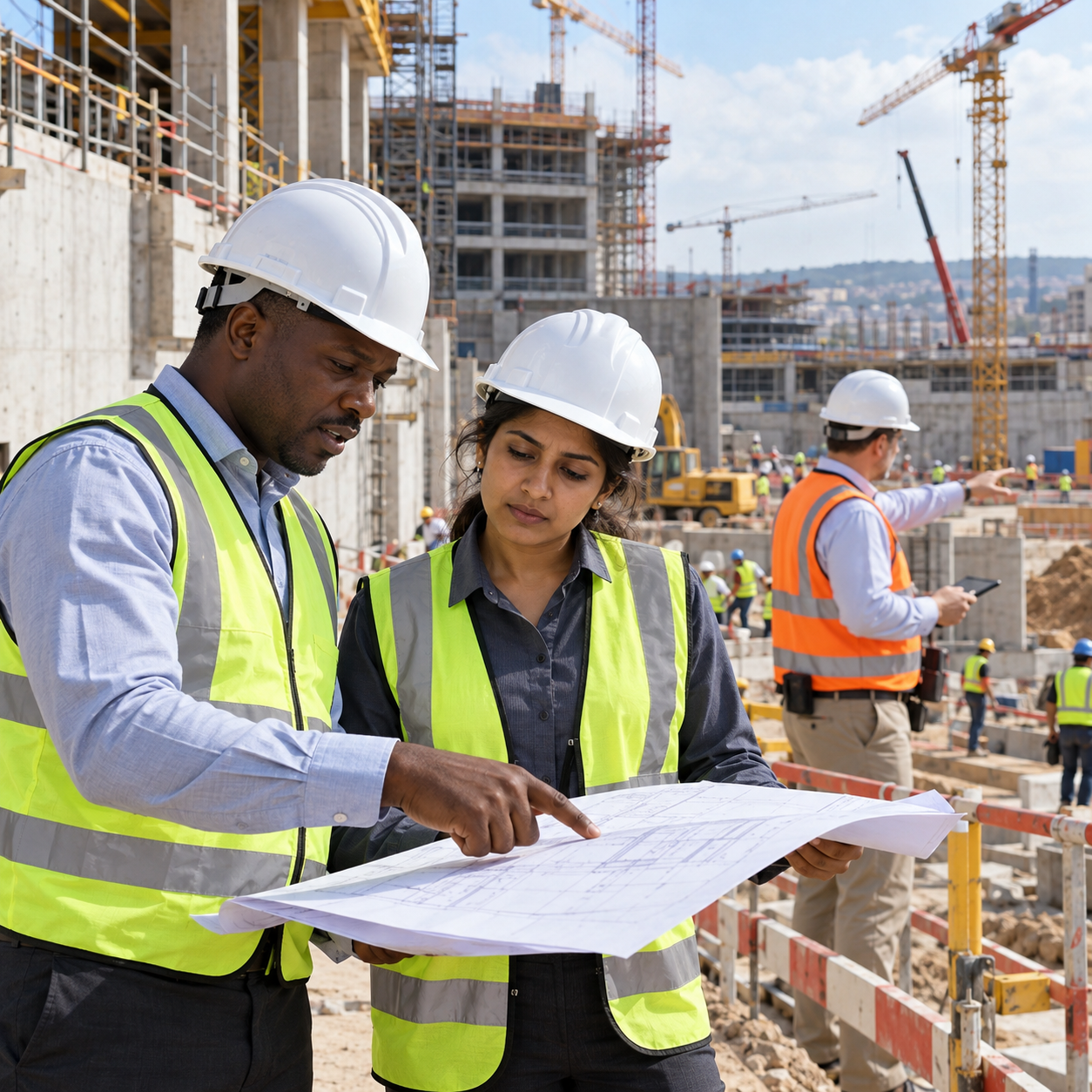 Engineers in hard hats reviewing plans on a construction site