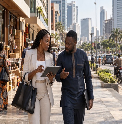 Two professionals walking through a city while reviewing a tablet