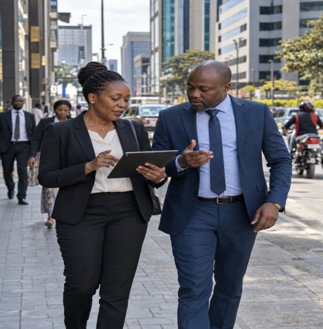 Two professionals walking down a city street reviewing a tablet