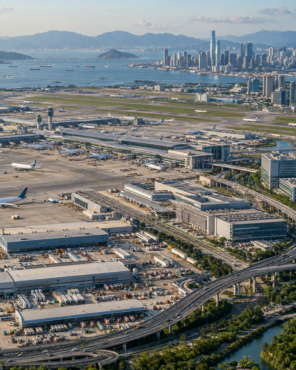 Aerial view of an airport and logistics hub beside the city