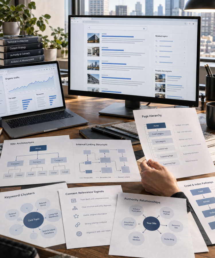 SEO plans, keyword maps and analytics on a desk