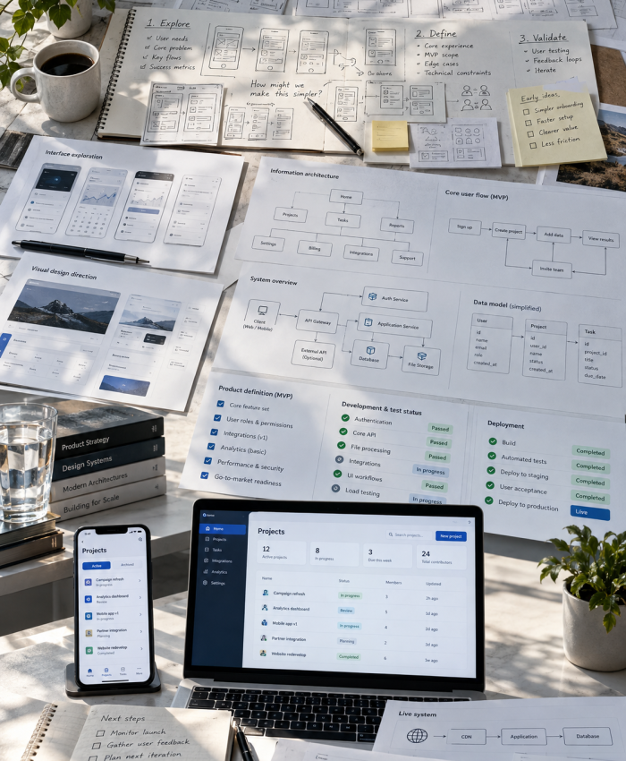App prototype on a laptop and phone with wireframes on a desk