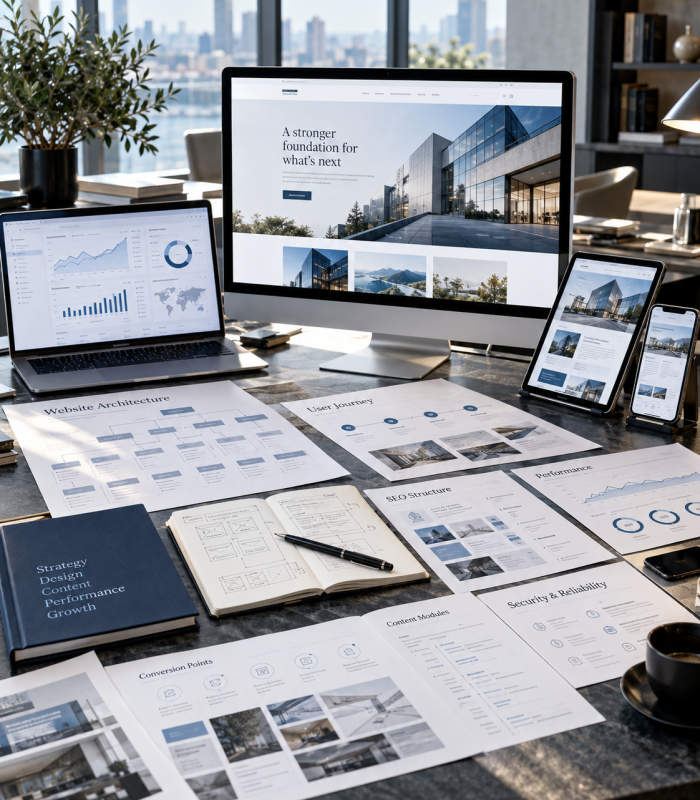 Responsive website design on a desktop, laptop and phone