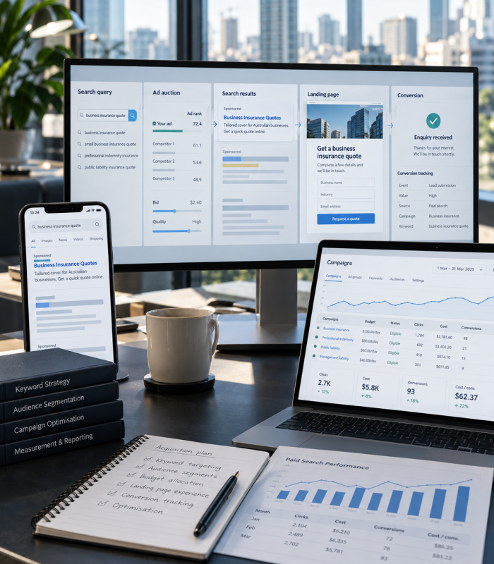 Google Ads campaign dashboard on a monitor, laptop and phone