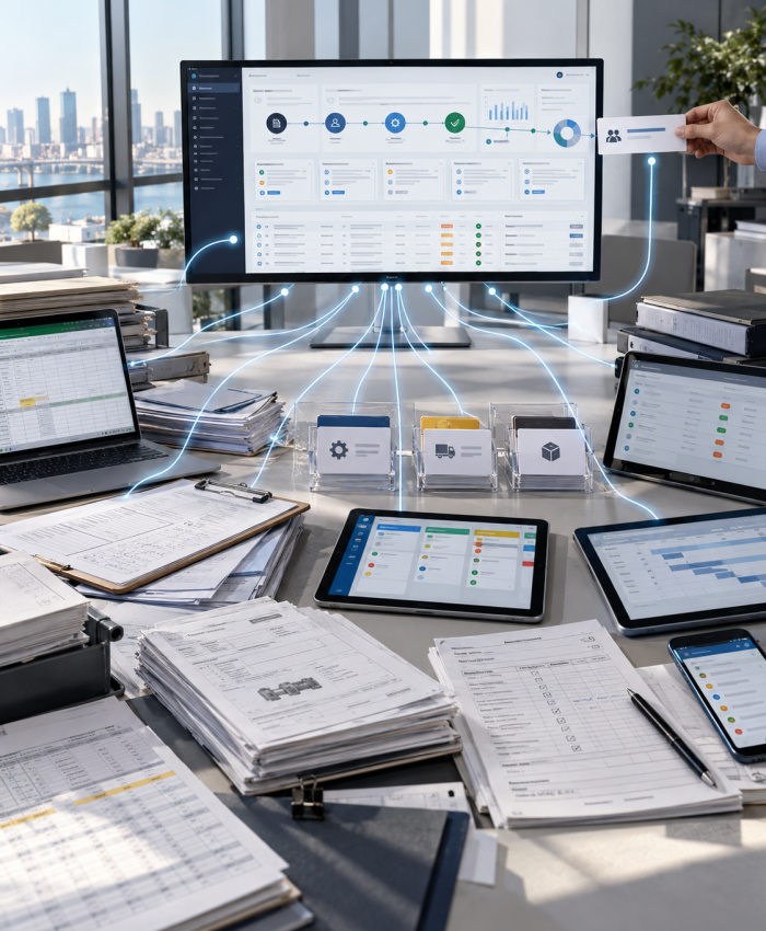 Custom software dashboard on a monitor with connected tablets