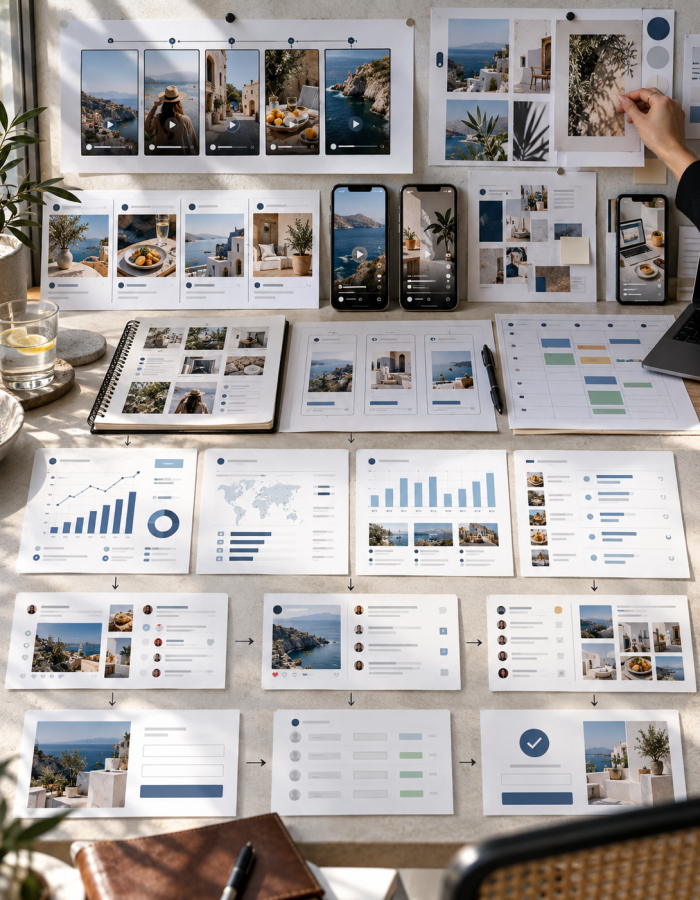 Social media content plan with post previews on a table
