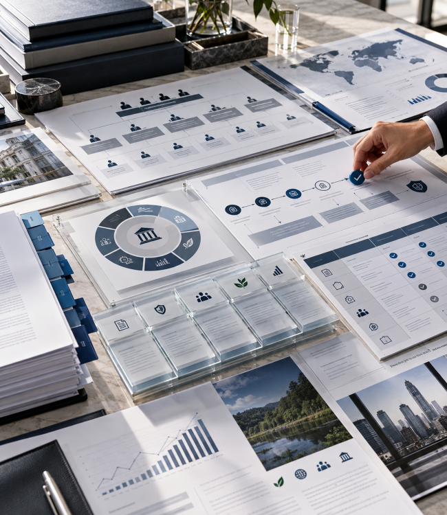Governance framework documents and diagrams on a table