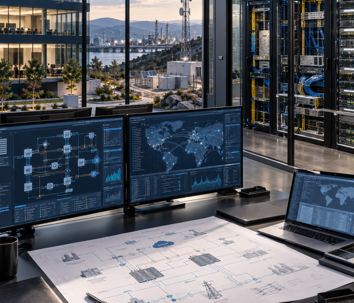 ICT network dashboards on monitors with system diagrams