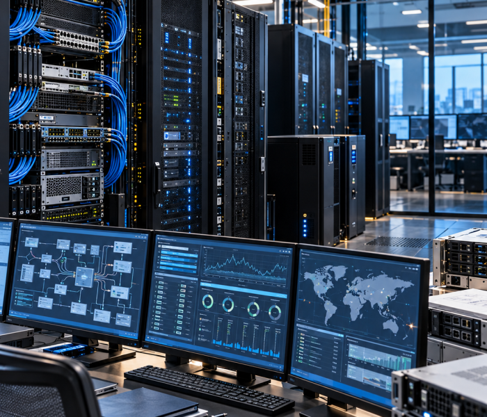 Server racks and infrastructure monitoring screens in a data centre