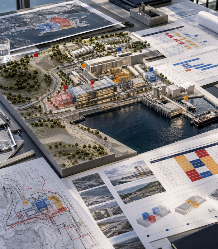 Scale model of a port development with project documents