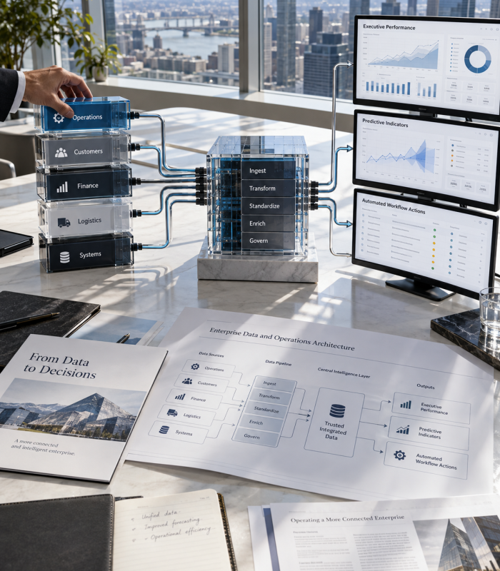 Data dashboards on screens beside printed analytics reports