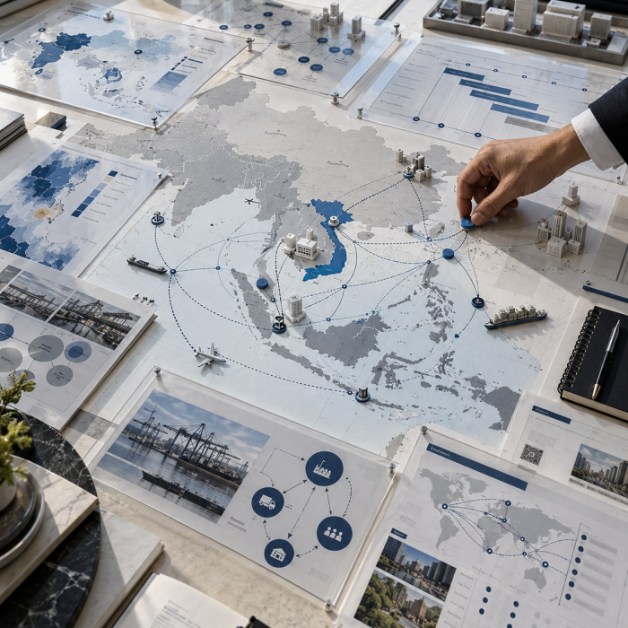 Hands reviewing market maps and analysis documents on a table