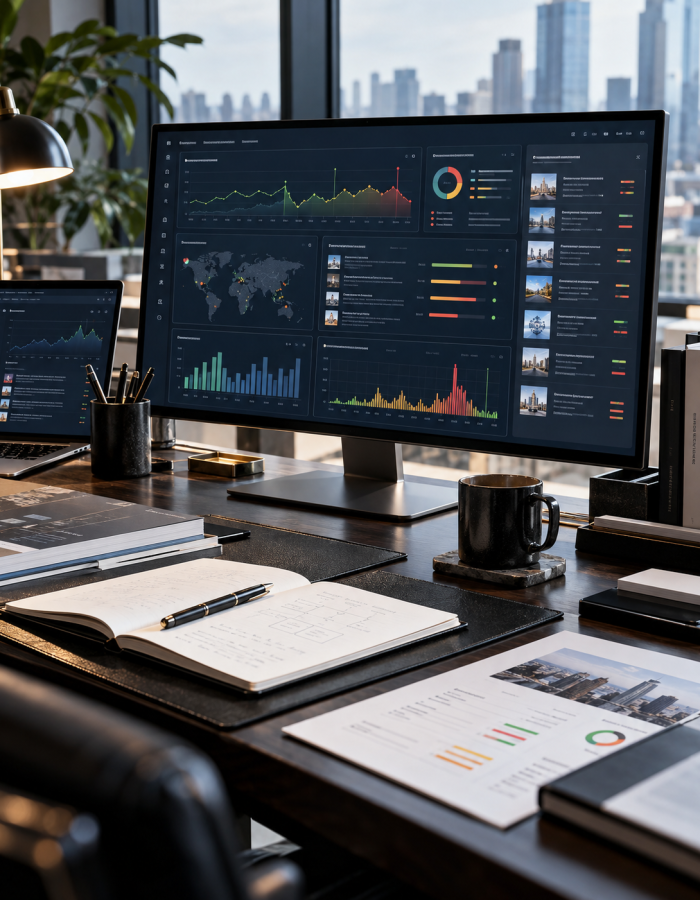 Brand monitoring dashboard on a monitor in an office